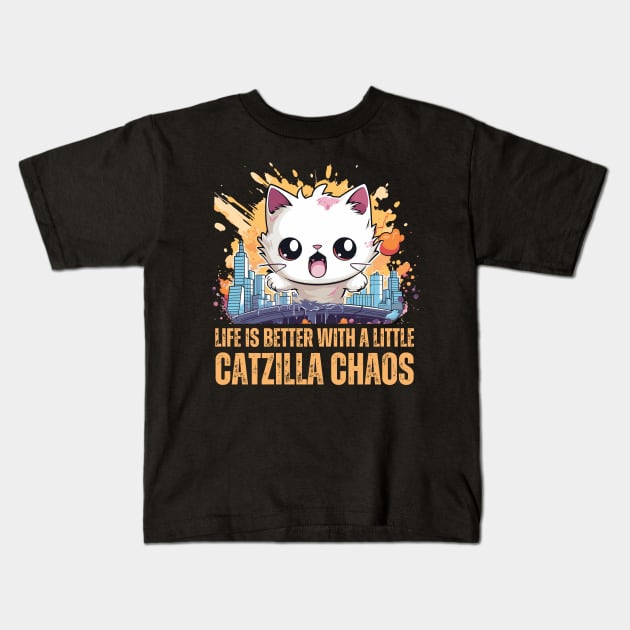 Funny Cute Catzilla Rampaging in a City Kids T-Shirt by BrushedbyRain